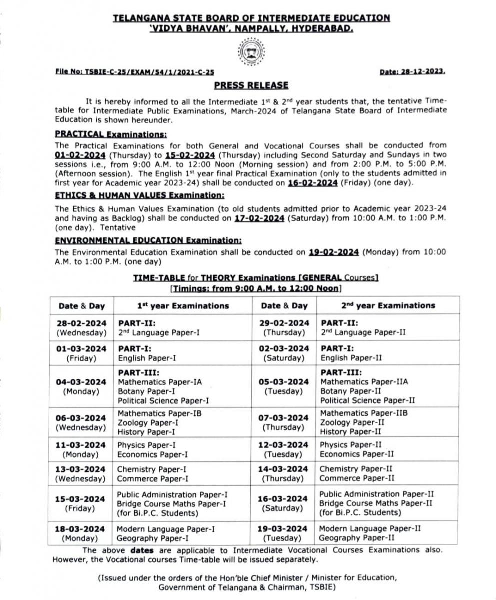 TSBIE Announced Telangana Intermediate Exams 2024 Schedule