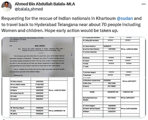 AIMIM legislator urges Jaishankar to evacuate 70 Indians stuck in Sudan - Vimarsana News