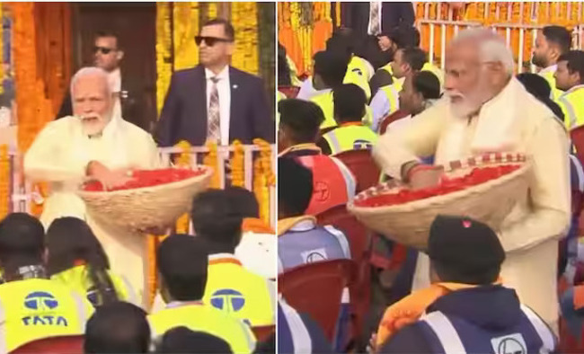 Video: PM Modi Showers Flowers on Workers Who Built Ayodhya Ram Mandir - Vimarsana News