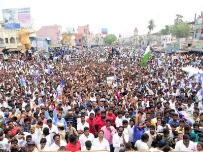 As part of electioneering YS Sharmila conducted a massive Road Show in Bapatla. - Sakshi Post
