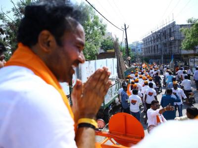 BJP Secunderabad candidate G Kishan Reddy campaigning in Musheerabad Assembly constituency on Tuesday. Telangana BJP President Dr. K. Lakshman and other leaders are also seen. - Sakshi Post