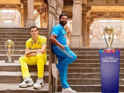 India skipper Rohit Sharma and Australia skipper Pat Cummins posed with the ICC World Cup trophy (Photo credit: ICC via X)  - Sakshi Post