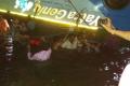 The overturned bus at the site of the accident, while victims and rescuers wade through the canal water. - Sakshi Post