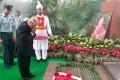 President Pranab Mukherjee paying floral tributes at the site where former prime minister Indira Gandhi was assassinated, in New Delhi on Monday. - Sakshi Post