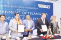 Telangana IT secretary Jayesh Ranjan (second from left) and Aerocampus Aquitaine general manager Jerome Verschave (third from right) during the signing of the Memorandum of Agreement in Hyderabad on Friday. - Sakshi Post