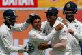 Debutant&amp;amp;nbsp;Kuldeep Yadav celebrates the dismissal of Australia’s Glenn Maxwell with his teammates on the first day of the fourth Test in Dharamsala on Saturday. - Sakshi Post