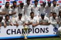 Team India poses with the Border-Gavaskar trophy after the fourth day of the fourth and final cricket Test match between India and Australia at The Himachal Pradesh Cricket Association Stadium in Dharamsala on Tuesday.&amp;amp;nbsp; - Sakshi Post