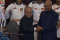 Outgoing President Pranab Mukharjee exchanges chair with the new President Ram Nath Kovind after the swearing-in ceremony at Parliament Central Hall in New Delhi on Tuesday - Sakshi Post