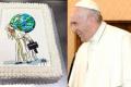 Pope Francis and the cake designed by Italian graffiti artist MauPal. - Sakshi Post