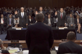 Facebook’s Colin Stretch, Twitter’s Sean Edgett, and Google’s Kent Walker take the oath before the Senate Intelligence Committee. - Sakshi Post