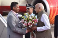 Seychelles President Danny Faure is received by Minister of State for External Affairs MJ Akbar. - Sakshi Post