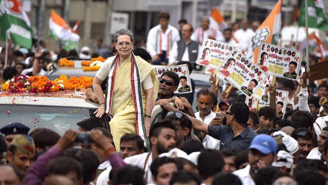Congress president Sonia Gandhi during the roadshow in Varanasi, on Tuesday. - Sakshi Post