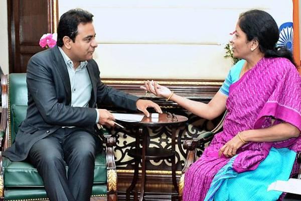 K T Rama Rao met  Nirmala Sitharaman in New Delhi and gave her a copy of the proposal of the complex to be built on 117-acre land - Sakshi Post