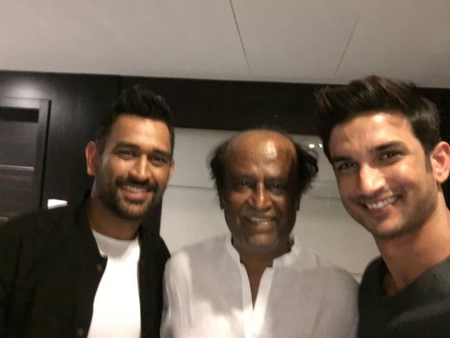 Actor Sushant Singh Rajput and Indian cricketer Mahendra Singh Dhoni with South superstar Rajinikanth. - Sakshi Post