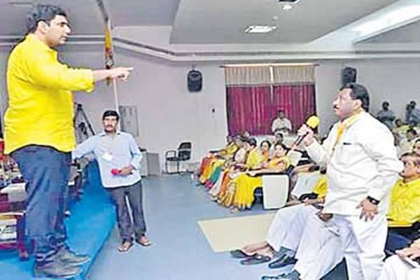 During the training sessions for TDP cadre held in Vijayawada, this photo showing Lokesh on the dais like a teacher and the deputy chief minister standing like a student was posted on Lokesh’ Facebook wall. - Sakshi Post