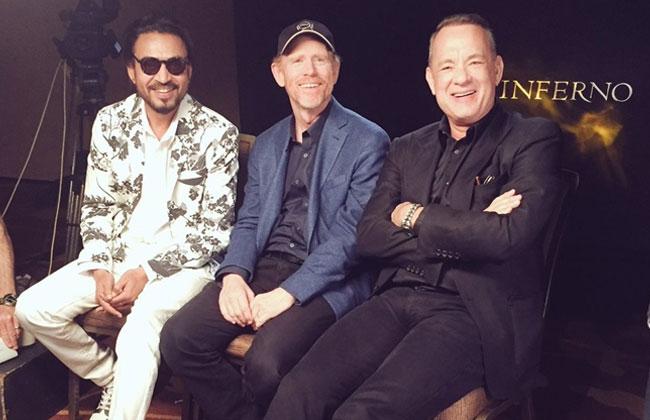 Irrfan Khan  with Hollywood actor Tom Hanks at a promotion event of their upcoming movie Inferno. - Sakshi Post