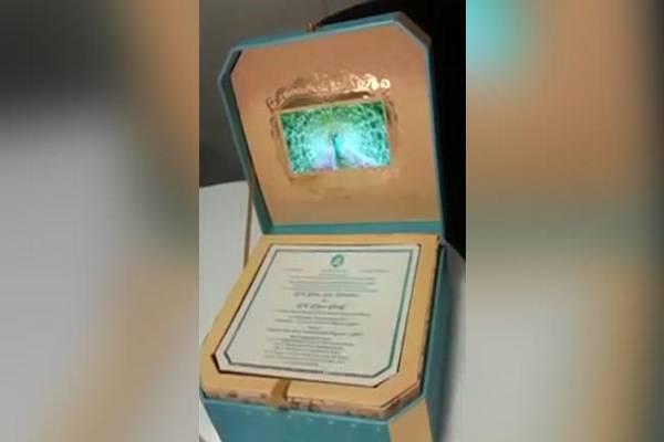 If you open invite box, a little LCD screen turns alive with a song and a text announces ‘Bramhani Weds Rajeev Reddy.’ - Sakshi Post