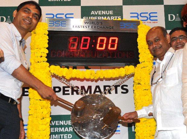 Radhakishan Damani (right), founder D-Mart at the IPO listing ceremony of Avenue Supermarts Ltd and Neville Noronha (left), CEO, Avenue Supermarts. - Sakshi Post