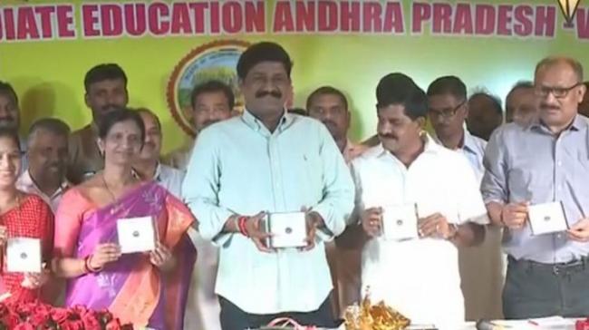 AP Human Resources Minister Ganta Srinivasa Rao releases Intermediate first and second year, general and vocational courses results in Vijayawada on Thursday. - Sakshi Post
