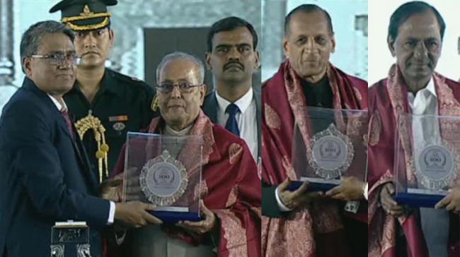 Vice Chancellor Prof. S. Ramachandram presents mementos to President Pranab Mukharjee, Governor ESL Narasimhan and Chief Minister K. Chandrasekhar Rao at the inaugural of Osmania University Centenary celebrations on the campus on Wednesday. - Sakshi Post