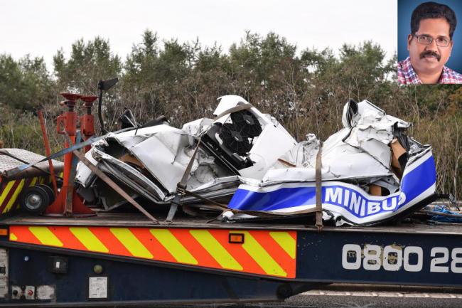The mangled remains of the mini bus and (insert) the India-born driver Cyriac Joseph who was killed in the crash in Buckinghamshire, UK. The mangled remains of the mini bus and (insert) the India-born driver Cyriac Joseph who was killed in the crash in Buckinghamshire, UK. - Sakshi Post