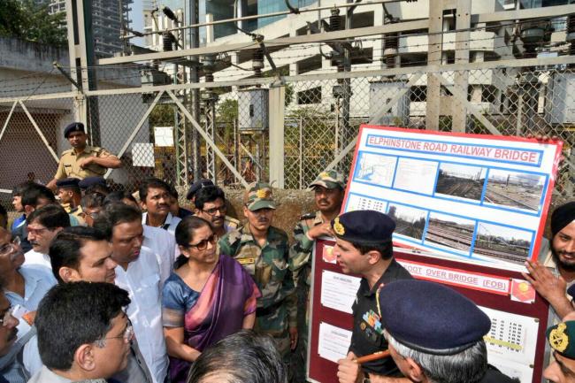Sitharaman, Goyal, Fadnavis and other officials earlier on Tuesday surveyed the Elphinstone Road station to take stock of the improvement works in progress post-stampede. - Sakshi Post