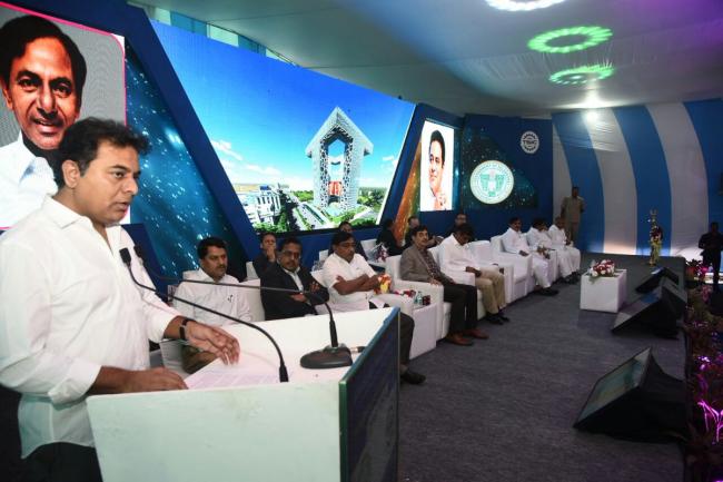 Information Technology Minister KT Rama Rao addressing the gathering after laying the foundation stone for IMAGE tower, in Hyderabad on Sunday. - Sakshi Post