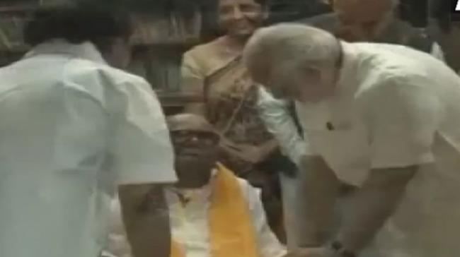 Prime Minister Narendra Modi speaks to M. Karunanidhi at Stalin’s house in Chennai on Monday; Defence Minister Nirmala Sitaraman accompanied the PM - Sakshi Post