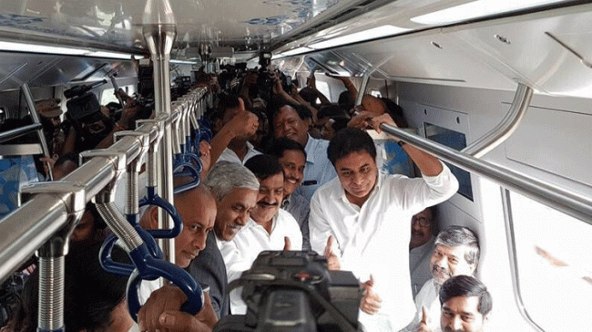 Minister KT Rama Rao, senior BJP leader Bandaru Dattatreya, several TRS leaders and officials took a test ride in the metro train on Saturday from Nagole to Mettuguda, about 8 km stretch. - Sakshi Post