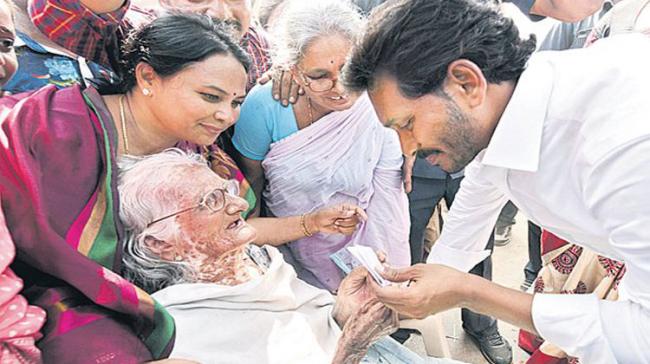 AP Leader of the Opposition, YS Jagan lending a patient ear at Thirumanyam, to 102 year-old Kanthamma, who said that she had no ration card and had not been getting her pension - Sakshi Post