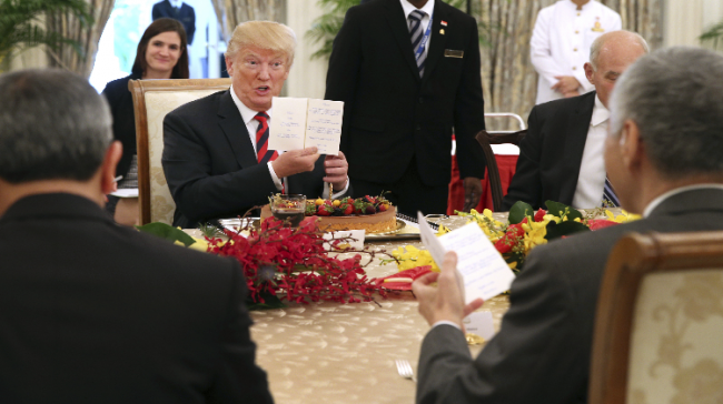 U.S. President Donald Trump gets an early birthday celebration during lunch with Singapore’s Prime Minister Lee Hsien Loong U.S. President Donald Trump gets an early birthday celebration during lunch with Singapore’s Prime Minister Lee Hsien Loong - Sakshi Post