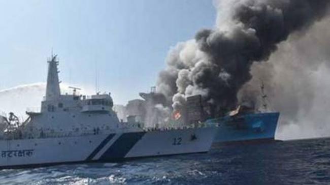 The ship MV Nalini caught fire while being anchored at 14.5 nautical miles southwest off the city last evening The ship MV Nalini caught fire while being anchored at 14.5 nautical miles southwest off the city last evening - Sakshi Post