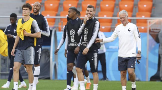 France headcoach Didier Deschamps jokes with Lucas Hernandez during Frances official training at the eve of the group C match between France and Peru at the 2018 soccer World Cup in Yekaterinburg, Russia &amp;amp;nbsp; - Sakshi Post