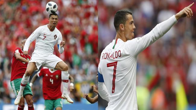 Portugal’s Cristiano Ronaldo leaps up for a header during the group B match between Portugal and Morocco - Sakshi Post