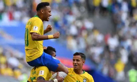 Neymar celebrates after 2-0 win against Mexico at Samara Arena. - Sakshi Post
