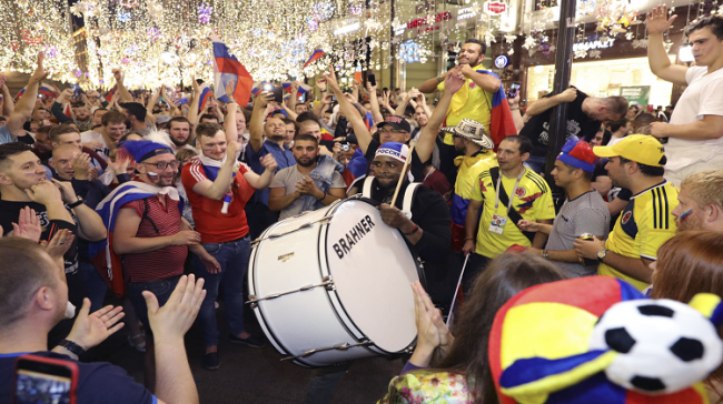 Russian fans near Red Square, Moscow celebrate their victory over Spain in the last 16 at the 2018 FIFA World Cup in Moscow - Sakshi Post