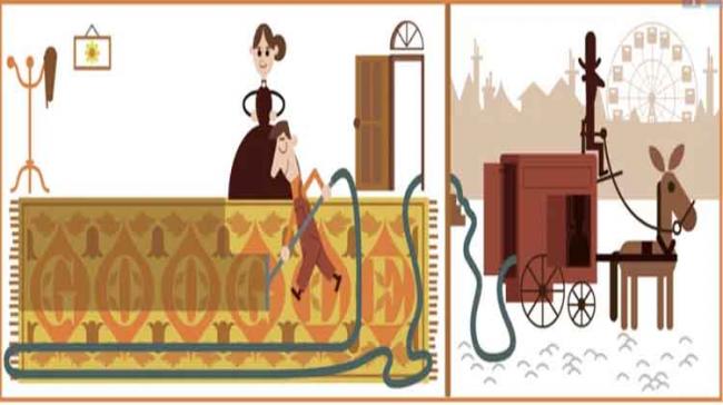 The Doodle depicts an operator cleaning a carpet using Booth’s first design, nicknamed Puffing Billy - Sakshi Post