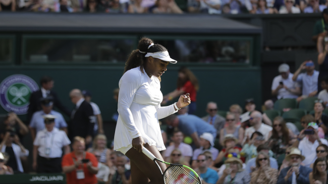 Serena Williams celebrates defeating Kristina Mladenovic in their womens singles match of the Wimbledon Tennis Championships - Sakshi Post