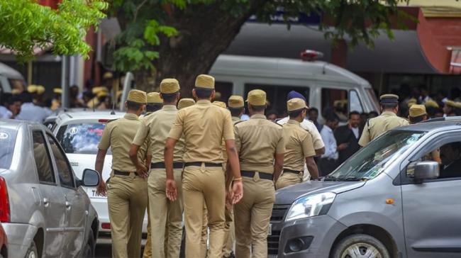 Police personnel outside Mahila court as the 17 people accused in connection with the alleged sexual assault of a 11-year-old girl were produced &amp;amp;nbsp; - Sakshi Post