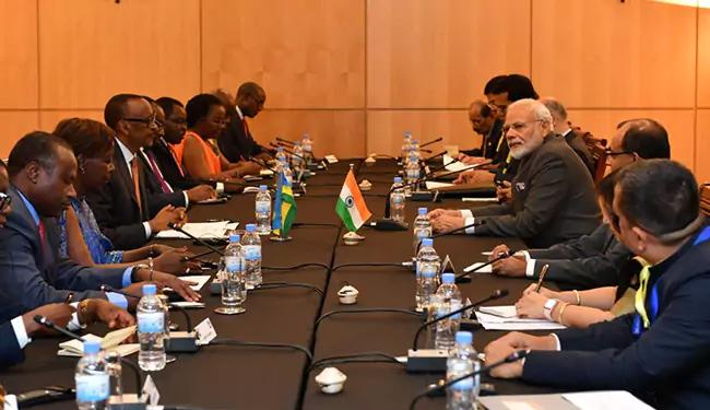 PM Modi and Rwanda President Paul Kagame discussed measures to boost the bilateral strategic ties. PM Modi and Rwanda President Paul Kagame discussed measures to boost the bilateral strategic ties. - Sakshi Post
