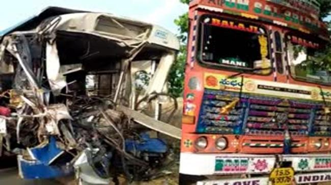 RTC Bus collided with a lorry stationed alongside the road. - Sakshi Post