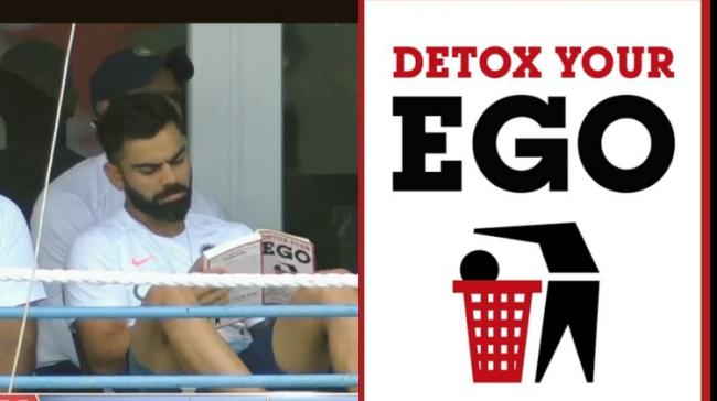 Kohli was spotted reading ‘Detox Your Ego: Seven Easy Steps to Achieving Freedom, Happiness and Success in Your Life’ by Steven Sylvester. - Sakshi Post