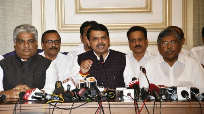 Devendra Fadnavis at the press conference Devendra Fadnavis at the press conference - Sakshi Post