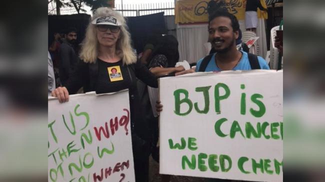 Janne-Mette Johansson participating in the protest in Kochi (Photo courtesy: Facebook) - Sakshi Post
