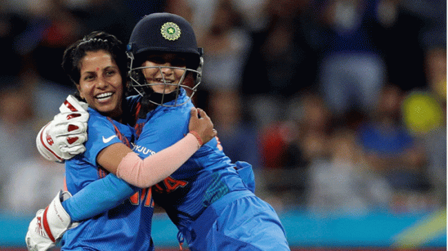 Indias Poonam Yadav, left, and Indias Tanya Bhatia celebrate taking the wicket of Australias Jess Jonassen during the first game of the Womens T20 Cricket World Cup in Sydney, Indias Poonam Yadav, left, and Indias Tanya Bhatia celebrate taking the wicket of Australias Jess Jonassen during the first game of the Womens T20 Cricket World Cup in Sydney, - Sakshi Post