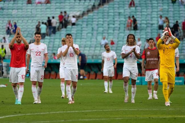 Switzerland players in their match against Wales in the Euro 2020 Championships. Pic Courtesy: UEFA Euro 2020 Official Twitter Handle - Sakshi Post