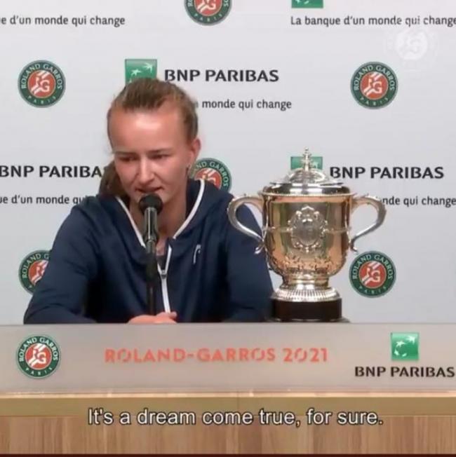 Barbora Krejcikova addresses a press conference after winning her maiden grand slam in women's final match against Anastasia Pavlyuchenkova in the French Open 2021 held at Paris. (Courtesy: Screen grab from Roland Garros official Twitter handle) - Sakshi Post
