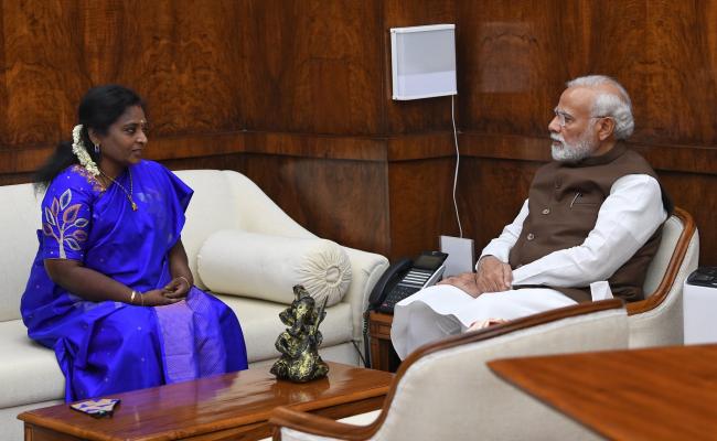 Governor of Telangana Dr. Tamilisai Soundararajan meeting PM Narendra Modi in New Delhi on Wednesday (Twitter: @PMOIndia) - Sakshi Post