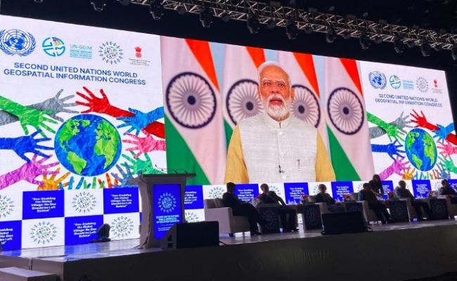PM Narendra Modi addresses United Nations World Geospatial International Congress virtually on Tuesday( Photo Credit: Twitter/@IndiaDST ) - Sakshi Post