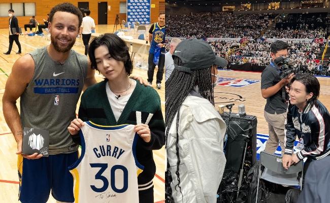 BTS Suga Catches Up With Steph Curry, Tennis star Naomi Osaka At NBA Japan Game - Sakshi Post